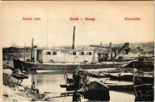 Eszék, Essegg, Osijek; Téli kikötő MKÁ Dráva kotró uszály, halászhajók / Zimska Luka / Winterhafen / winter port, barge, dredge, fishing boats (EM)