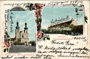 1900 Boldogasszony, Fertőboldogasszony, Frauenkirchen; szélmalom, templom / Kirche, Windmühle / church, windmill. Isidor Schey. Art Nouveau, floral (Rb)