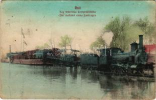 1911 Dálya, Dalja, Dalj (Erdőd, Erdut); Egy teherrész kompra állítása, gőzmozdony, vonat. Jos. Krausz kiadása / Die Auffahrt eines Lastzuges / ferry, locomotive, freight train (EK) + &quot;ESZÉK-SZEGED 29.&quot; vasúti mozgóposta