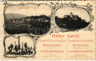 Borostyánkő, Bernstein (Vasmegye); Vár. Höfer Adolf szerpentinkő esztergályos szecessziós reklámlapja / Schloss, Werbung für einen Serpentinstein Dreherei, Steinwender / castle, serpentine stone turner advertisement. Art Nouveau (EK)