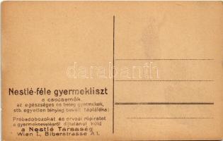 Budapest V. Petőfi szobor, litho. Hátoldal Nestlé-féle gyermekliszt reklám