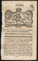 1789 Magyar Kurir LXXIII. sz., "Indúlt Bétsből Szeredán 23. Szeptemberben 1789.", a címlapon Magyarország és Erdély címerét ábrázoló illusztrációval. Kissé sérült, ragasztott, 1065-1080 p.