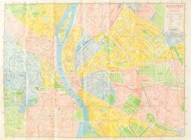 1942 Budapest útmutatója a belterület térképével, autóbusz és villamos vonalak, szakaszhatárok jelzésével. Bp., Aczél Testvérek, kissé sérült borítóval, 50+2 p., térkép: 50x70 cm.