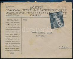 1942 Kőszegi Szappan-, Gyertya- és Vegyészeti Gyár fejléces boríték 20f Horthy bérmentesítéssel