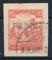 Fiume 1918 Fehérszámú Arató 10f H.II. felülnyomással kivágáson. Signed: Bodor