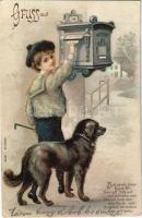 1900 Gruss aus.. / Dekorált üdvözlőlap levelet postára adó kisfiúval / Decorated litho greeting, boy with a mail box