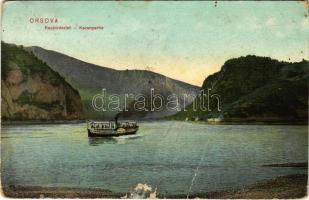 1912 Orsova, Kazán részlet, gőzhajó / Danube river, steamship + &quot;ORSOVA-BUDAPEST 179. SZ.&quot; vasúti mozgóposta (fa)