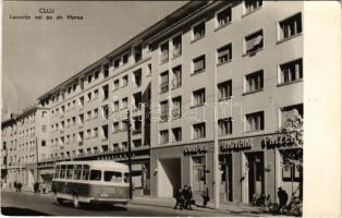 1970 Kolozsvár, Cluj; Locuinte noi pe Str. Horea, Coafor, Higiena, Frizer / utca, fodrász üzlet, autóbusz / street, hairdresser shop, bus (EK)