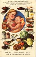 Med je jedinou potravinou / A Méz általános gyógyszer - szlovák egészségügyi propaganda képeslap / Honey is a general medicine. Slovakian health propaganda + 1938 Beregszász visszatért So. Stpl