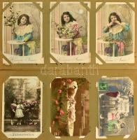 vászon kötésű 144 férőhelyes festett, szecessziós, zászlós I. vháborús albumban 144 db 1945 előtti k...