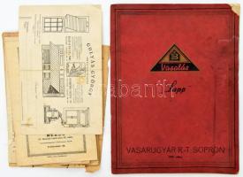 cca 1920 1939 Vegyes árjegyzék tétel, 4 db:   1927 Hexner József kávéházi és vendéglői berendezések szaküzletének árjegyzéke. Bp., Springer-ny., 32+2 p. Papírkötésben, szakadt, foltos fedőlapokkal,(borítóhiánnyal?)  1927 György és Somogyi furnér és mindennemű asztaloskellékek szaküzletének 30. számú árjegyzéke. Bp., Hedvig Sándor, 48 p. Borító nélkül, kissé szakadt, foltos elülső és hátsó lappal.;   1929 Berecky Sándor dísz- és műesztergályos mester, famegmunkáló ipartelepének 6. számú árjegyzéke. 1929. november hó. Békés. Mezőberény, Baltha János, az utolsó lap foltos, 9+1 p.;   1939 Sopron, Vasárugyár Rt. "Lapp" árjegyzéke, 1939. július. Sopron, Rottig-Romwalter Nyomda Rt., 37+1 p. Kiadói papírkötés, az elülső borító és címlap sarkán kis hiánnyal, foltos.   + 1920 Gulyás György redőnyüzletének prospektusa.