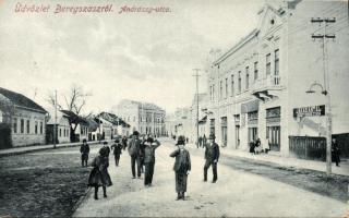 Beregszász Andrássy street with synahogue and the liquor factory of Antal Jakab (EK)