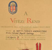 1962 Hefty Frigyes András m. kir. honvéd repülő hadnagy, Hefty Frigyes fiának vitézi rendi emléklapj...