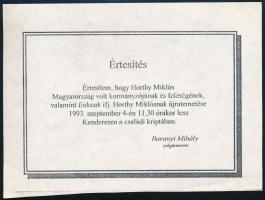 1993 Kenderes, Horthy Miklós (1868-1957) kormányzó újratemetési értesítése.