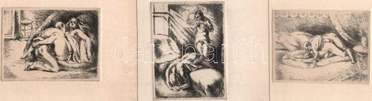 Mihályi (Müller) Rezső (1889-1972): 3 db pornográf grafika. Rézkarc, papír, jelzés nélkül, 10x13 cm