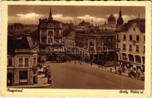 1943 Nagyvárad, Oradea; Horthy Miklós út, Általános Hitelbank, Pesti magyar kereskedelmi bank, üzlet / street, credit bank, shops (fa)