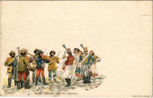 Huszár toborzó. Ezredéves Kiállítás emléklap. Posner Károly és fia / Danse des hussards / Hussars. Litho + barna 2 Kr. Ga. (EK)