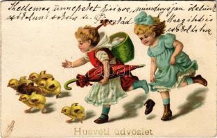 1930 Húsvéti üdvözlet, Easter greeting art postcard with girls, eggs and chicken