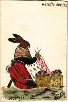 1925 Húsvéti üdvözlet. Kézzel rajzolt egyedi művészlap / Easter greeting hand-drawn custom-made art postcard with rabbit and eggs (vágott / cut)