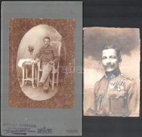 cca 1914-18 2 db katonai fotó: 1918 osztrák katona kitüntetésekkel, fotólap, 14x9 cm és magyar katona, keményhátú fotó Petruska Ferenczné kispesti műterméből, 21x12,5 cm