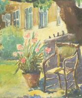 Lápossy Hegedűs Géza (1875-1929): Virágos kert, 1916. Akvarell, karton, jelzett. Dekoratív, üvegezet...