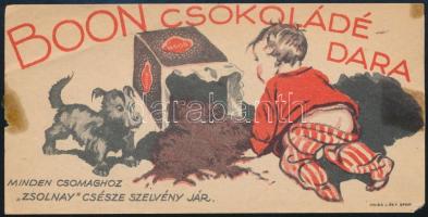 cca 1930 "Boon csokoládé dara - minden csomaghoz Zsolnay csészeszelvény jár" számolócédula, szélén kis sérüléssel és foltokkal