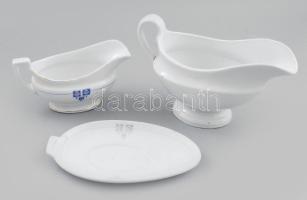 2 db porcelán szószós kiöntő, jelzés nélkül, egyik alátét tányérral 20,27 cm