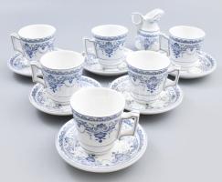 Antik kávéházi szervírozó szett: 6 db csésze 6 db alátéttel, és tejkiöntő. Kopással, pattogzással, jelzés nélkül.