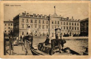 1914 Pola, Pula; Hafen Admiralat, K.u.k. Kriegsmarine / Austro-Hungariany Navy Port Admiralty Building, litho naval flag on the backside. Phot. A. beer. Verlag F. W. Schrinner (EK)