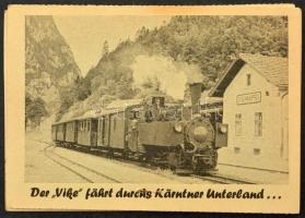 Eisenkappel, Bahnhof, Der "Vike" fährt durchs Kärntner Unterland... / railway station, locomotive, train. 3-tiled touristic advertising postcard