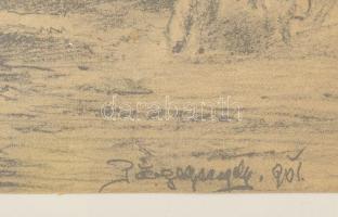 Pörge Gergely (1858-1930): Pásztorok nyájjal, 1901. Ceruza, papír, jelzett, jobb alsó sarkában egész...