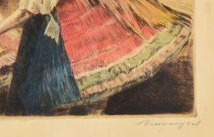 Udvary Pál (1900-1987): Menyecskék népviseletben. Színezett rézkarc, papír, jelzett, üvegezett faker...