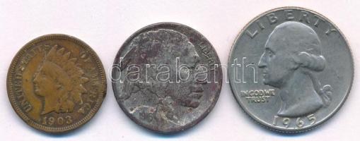 Amerikai Egyesült Államok 1903. 1c bronz Indián fej + 1916. 5c Cu-Ni + 1965. 25c T:XF-F közte patina, hajlott lapka, ü. USA 1903. 1 Cent bronze Indian head + 1916. 5 Cents Cu-Ni + 1965. 25 Cents C:XF-F with patina, ding, wavy coin in it