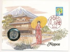 Japán 1981. 100Y Cu-Ni felbélyegzett borítékban, bélyegzéssel, német nyelvű leírással T:UNC  Japan 1981. 100 Yen Cu-Ni in envelope with stamp and cancellation and german language description C:UNC