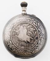 Anutrof ezüst (Ag) fedeles zsebóra jelzett tok, jelzett szerkezet, számlap, plasztikus lovas díszíté...