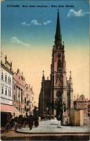 Újvidék, Novi Sad; Római katolikus templom, Récsei Gusztáv és Regényi István üzlete / church, shops (EK)