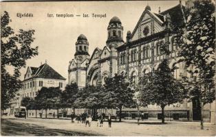 Újvidék, Novi Sad; Izraelita templom, zsinagóga, villamos. Hajós tőzsde kiadása / synagogue, tram (EK)