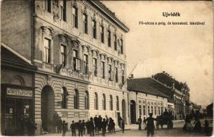 1907 Újvidék, Novi Sad; Fő utca, polgári és kereskedelmi iskola, Herger Ágoston könyv és papír fiók üzlete / main street, school, book shop (EK)