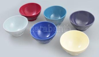6 darab színes köretes tál készlet, kis kopással, jelzett, d: 14,5 cm, m: 7,5 cm