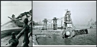 cca 1945 Budapest, torzó képek a Lánchíd maradványairól, Kotnyek Antal (1921-1990) budapesti fotóriporter hagyatékából készült 2 db modern nagyítás, 15x21 cm és 21x15 cm