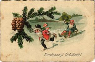 1928 Karácsonyi üdvözlet, szánkózó törpék / Christmas greeting, sleddind dwarves. litho (EB)