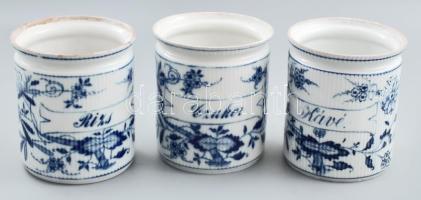 3 db antik kávé, rizs és czukor tartó porcelán, fedelek nélkül, kopással, máz alatti kobalt festéssel, m: 15,5 cm
