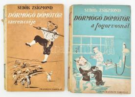 2 db Dörmögő Dömötör-könyv: Sebők Zsigmond: Dörmögő Dömötör a fogorvosnál; Dörmögő Dömötör szerencséje. Bp., é.n., Franklin-Társulat. Kiadói illusztrált félvászon-kötés, hiányzó gerinccel, kopottas borítóval.