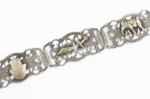 Ezüst (Ag) keleti karkötő, Fatima keze, szablya és elefánt motívumokkal. Jelzett, kis kopással, 15,6...