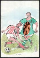 Rau Tibor (1934-2009), 2 db futball karikatúra: A kötény és Made in Hungary (6:3). Akvarell, tus, kollázs, papír, mindkettő jelzett. 30x21 és 30x21 cm