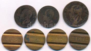 Olaszország 1861M-1867H 5c-10c (3x) + 4xklf Cu telefonzseton T:AU-F közte patina, ph, ü. Italy 1861M-1867H 5 Centesimi - 10 Centesimi (3x) + 4xdiff Cu telephone token C:AU-F with patina, edge error, ding in it