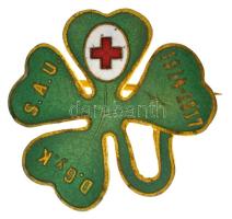 Osztrák-Magyar Monarchia 1917. "D. Gy. K. - S. A. U. - 1914-1917" vöröskeresztes négylevelű lóhere formájú, zománcozott bronz jelvény, hátoldalon "MORZSÁNYI J BUDAPEST ESKÜ UT 5" gyártói jelzéssel (26x25mm) T:AU