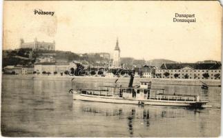 1907 Pozsony, Pressburg, Bratislava; Dunapart, gőzhajó, vár / Donauquai / Danube river, steamship, castle (EM)