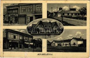 1942 Aknaszlatina, Akna Slatina, Slatinské Doly, Szolotvino, Solotvyno; vasútállomás, Lajos akna, Stern, Lenner, Cikta és Pogány üzlete / railway station, mine, shops (EK)