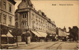 1917 Arad, Központi szálloda, lóvasút, emeletes autóbusz, Kőbányai sör, Rónai A. János szállodája, Bloch H. könyvnyomda és papír üzlete. Vasúti levelezőlapárusítás 6939. / hotels, horse-drawn tram, double-decker autobus, shops (EK)